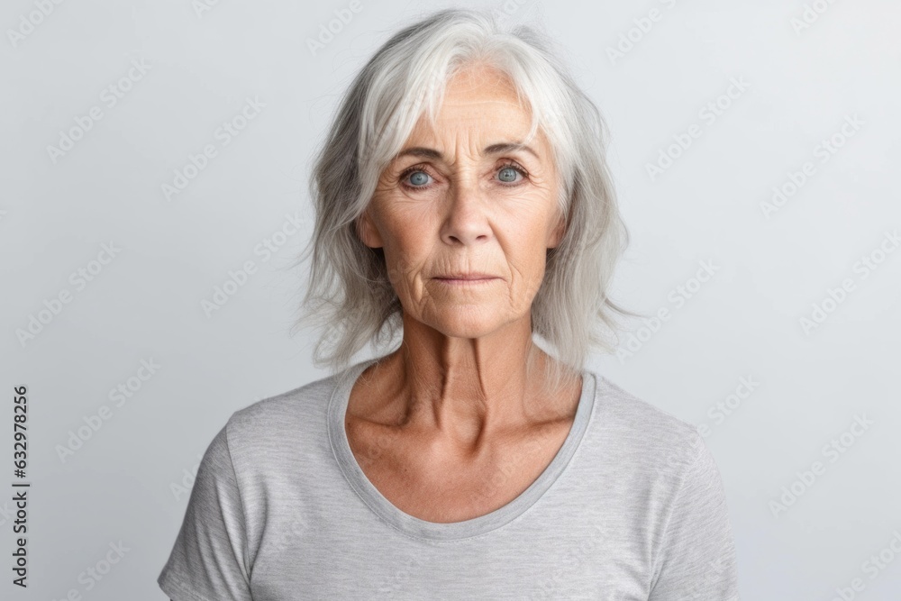 Medium shot portrait photography of a woman in her 50s with a somber and deeply sad expression due to major depression wearing a casual t-shirt against a white background Medium shot portrait photography of a woman in her 50s with a somber and deeply sad expression due to major depression wearing a casual t-shirt against a white background