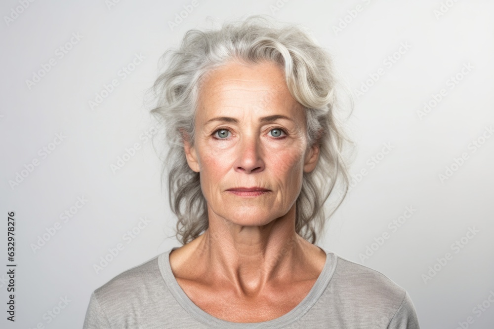 Medium shot portrait photography of a woman in her 50s with a somber and deeply sad expression due to major depression wearing a casual t-shirt against a white background Medium shot portrait photography of a woman in her 50s with a somber and deeply sad expression due to major depression wearing a casual t-shirt against a white background