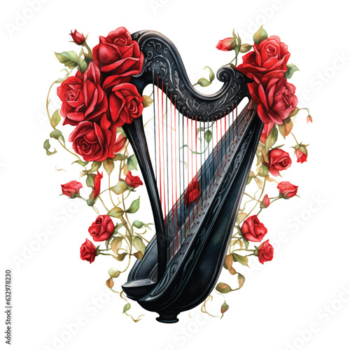 Harp with flowers watercolor painting vector ilustration