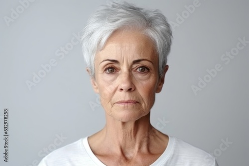 Medium shot portrait photography of a woman in her 50s with a somber and deeply sad expression due to major depression wearing a casual t-shirt against a white background  © Leon Waltz
