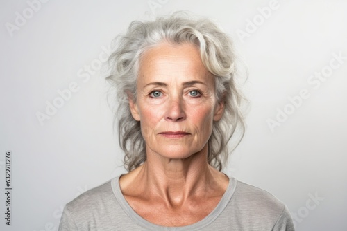 Medium shot portrait photography of a woman in her 50s with a somber and deeply sad expression due to major depression wearing a casual t-shirt against a white background 