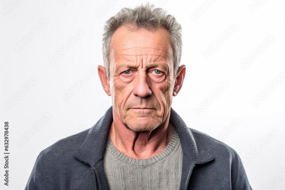 Group portrait photography of a man in his 50s with a somber and deeply sad expression due to major depression wearing a chic cardigan against a white background Group portrait photography of a man in his 50s with a somber and deeply sad expression due to major depression wearing a chic cardigan against a white background
