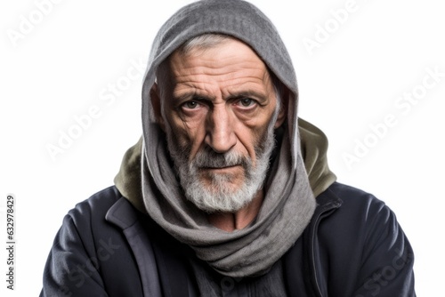 Lifestyle portrait photography of a man in his 50s with a somber and deeply sad expression due to major depression wearing hijab against a white background 