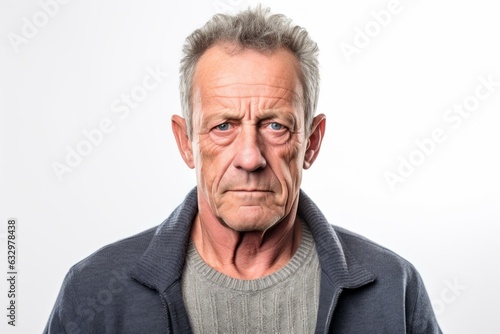 Group portrait photography of a man in his 50s with a somber and deeply sad expression due to major depression wearing a chic cardigan against a white background 