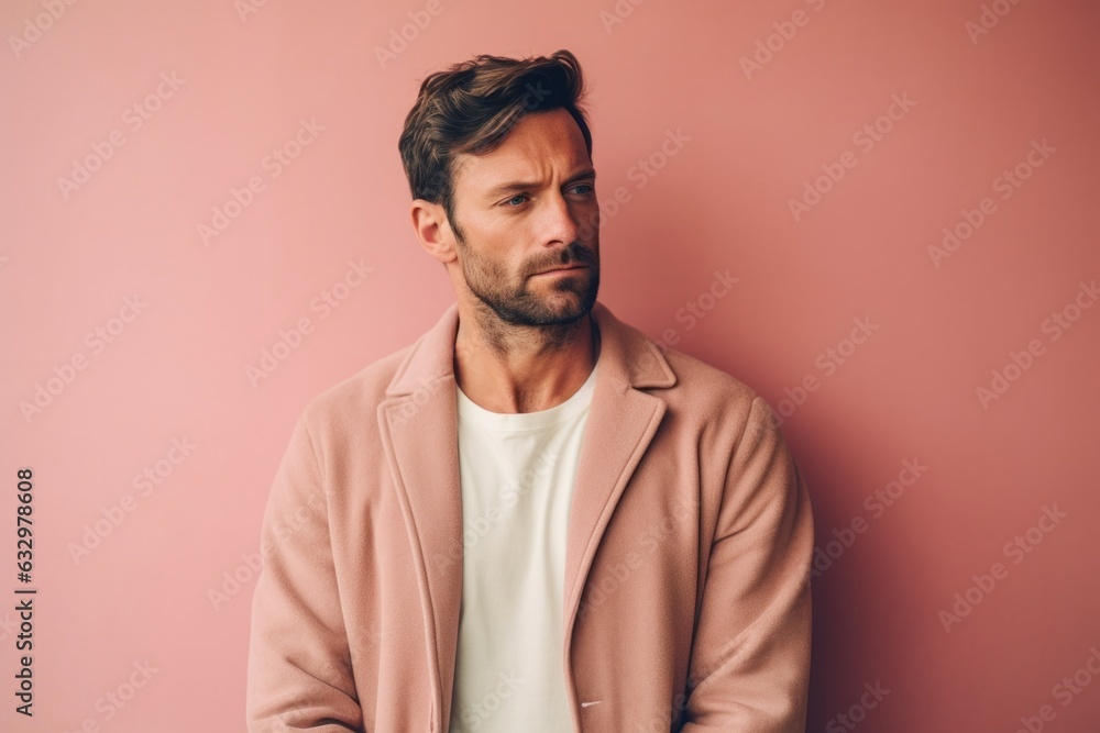Medium shot portrait photography of a man in his 30s with a somber and deeply sad expression due to major depression wearing a chic cardigan against a pastel or soft colors background 