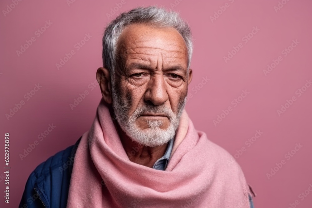 Medium shot portrait photography of a man in his 60s with a somber and deeply sad expression due to major depression wearing hijab against a pastel or soft colors background Medium shot portrait photography of a man in his 60s with a somber and deeply sad expression due to major depression wearing hijab against a pastel or soft colors background