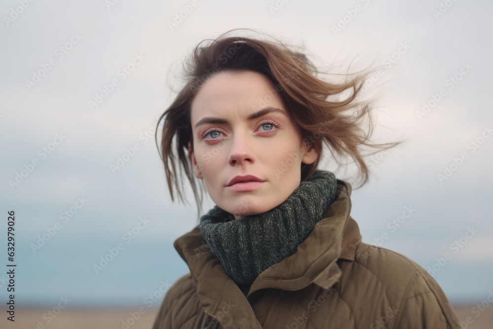 Medium shot portrait photography of a woman in her 30s with a somber and deeply sad expression due to major depression wearing a chic cardigan against a sky background Medium shot portrait photography of a woman in her 30s with a somber and deeply sad expression due to major depression wearing a chic cardigan against a sky background