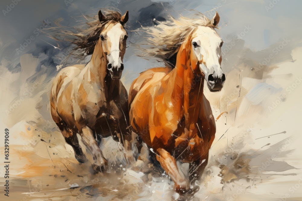 Obraz premium Dramatic Oil Painting Depicting a Strong Brown Arabian Horse Galloping Freely Across Open Plains