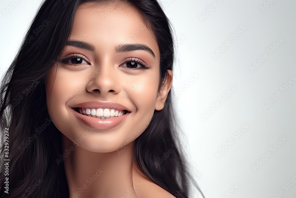 Close up of portrait of a beautiful young asian indian model woman smiling with clean teeth. used for a dental ad, space for text, generative ai. Close up of portrait of a beautiful young asian indian model woman smiling with clean teeth. used for a dental ad, space for text, generative ai.