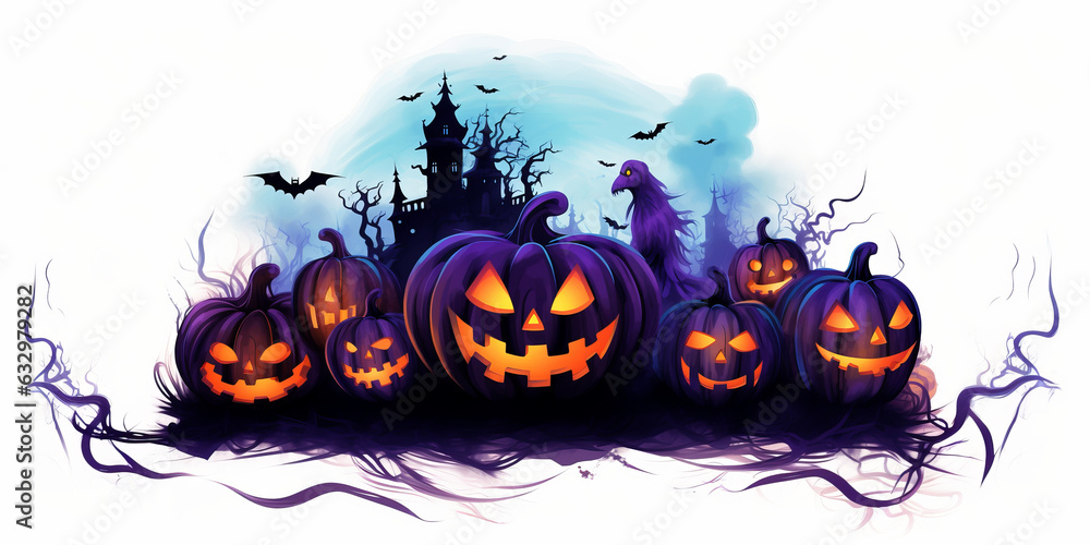 Illustration of halloween castle silhouettes with bats and pumpkins background. Transparent background Illustration of halloween castle silhouettes with bats and pumpkins background. Transparent background