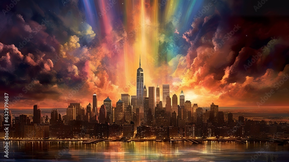 Rainbo sky over futuristic city. Rainbo sky over futuristic city.