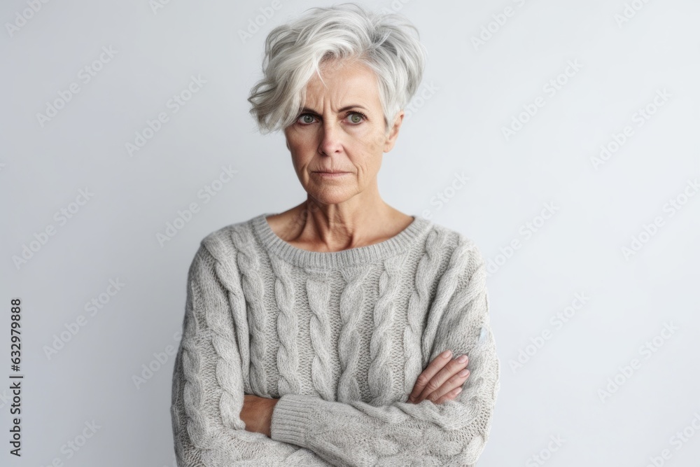 Group portrait photography of a woman in her 50s looking anxious and fidgety due to generalized anxiety disorder wearing a cozy sweater against a white background Group portrait photography of a woman in her 50s looking anxious and fidgety due to generalized anxiety disorder wearing a cozy sweater against a white background