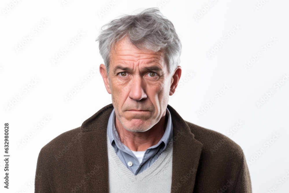 Medium shot portrait photography of a man in his 50s looking anxious and fidgety due to generalized anxiety disorder wearing a chic cardigan against a white background Medium shot portrait photography of a man in his 50s looking anxious and fidgety due to generalized anxiety disorder wearing a chic cardigan against a white background