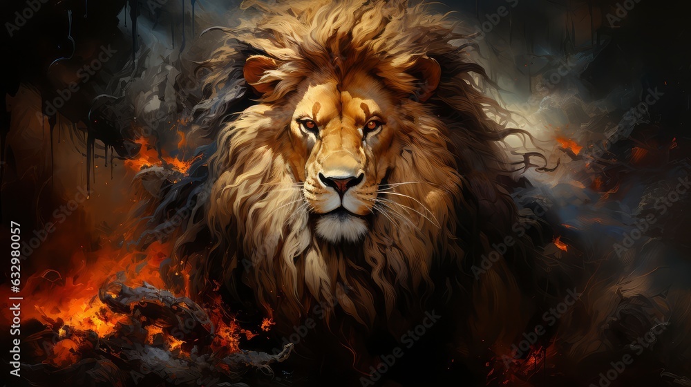 A Fierce Roaring Lion Surrounded by Trees In A Vibrant Forest, With Flowing Flames Coming From Its Orange Mane