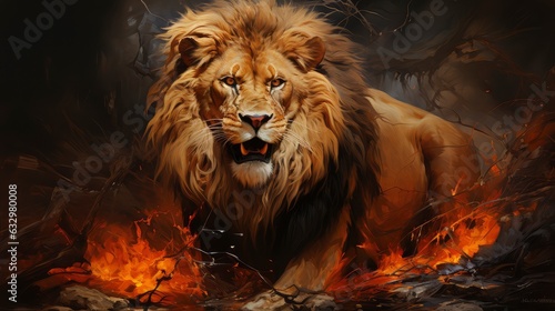 A Fierce Roaring Lion Surrounded by Trees In A Vibrant Forest  With Flowing Flames Coming From Its Orange Mane