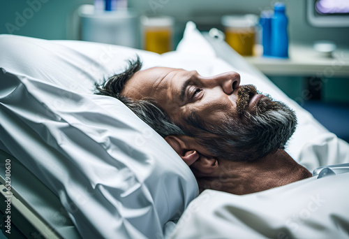 A sick man laying in a hospital bed
