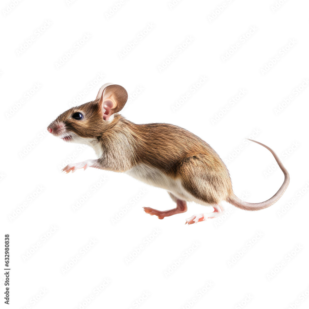 a Mus musculus Field mouse jumping, in motion, side and 3/4 view in Nature-themed, photorealistic illustrations in a PNG, cutout, and isolated. Generative AI a Mus musculus Field mouse jumping, in motion, side and 3/4 view in Nature-themed, photorealistic illustrations in a PNG, cutout, and isolated. Generative AI