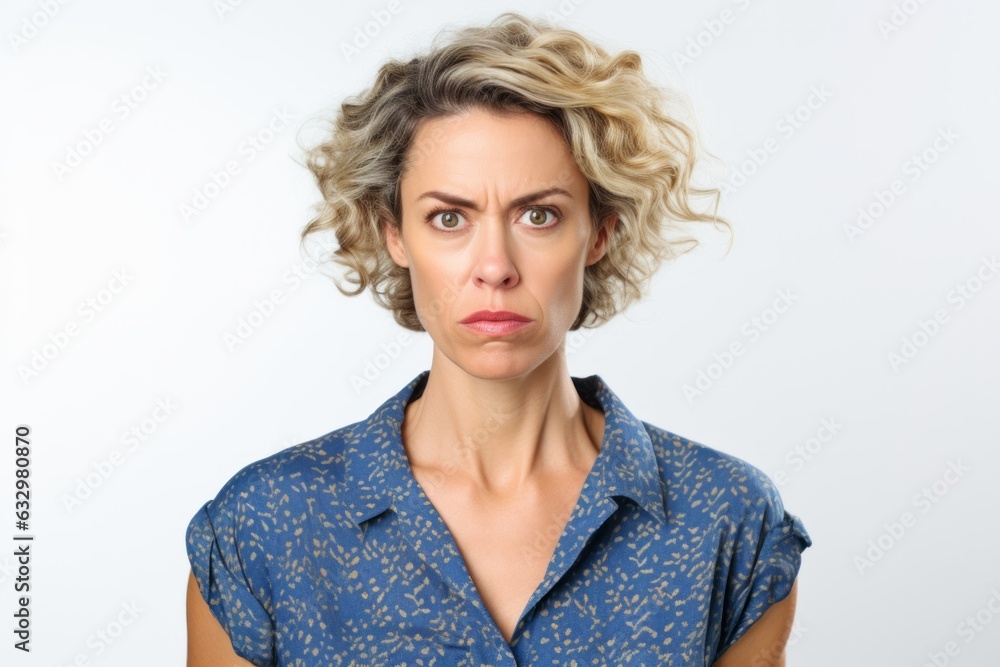 Group portrait photography of a woman in her 30s with a strained expression due to COPD wearing a trendy jumpsuit against a white background Group portrait photography of a woman in her 30s with a strained expression due to COPD wearing a trendy jumpsuit against a white background