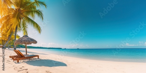 White sand and coconut plant travel tourism wide panorama background concept. 