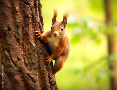 Beautiful squirrel on a tree in a forest park in the summer.  © MstAsma