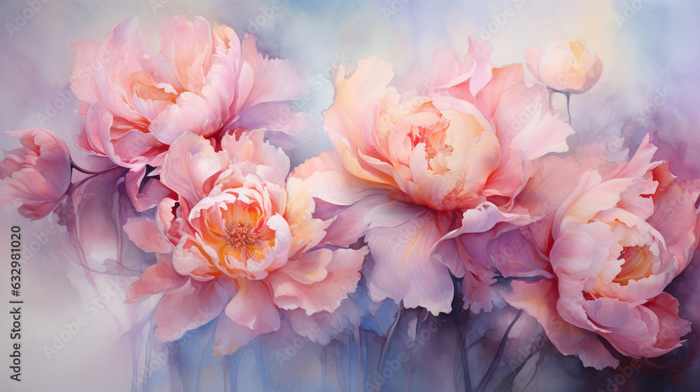 Watercolor Fantasy: Artistic Rendering of Peony Roses in Soft, Fluid Tones, Creating an Ethereal Aura 