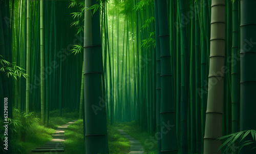 Bamboo forest morning view. Bamboo Bliss, an art piece capturing the tranquil beauty of a bamboo forest. a lush bamboo forest with rays of sunlight filtering through the dense foliage.  © chanjaok1