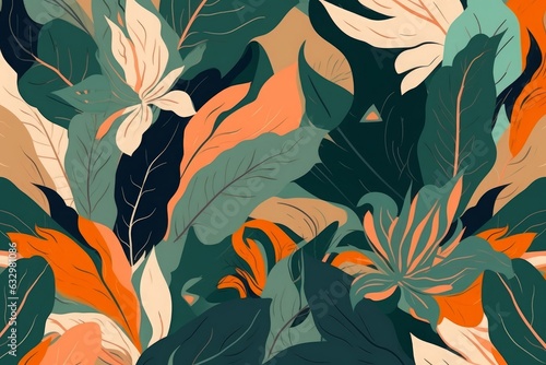 Exotic jungle plants illustration pattern. Creative collage contemporary floral seamless pattern. Fashionable template for design, Generative AI