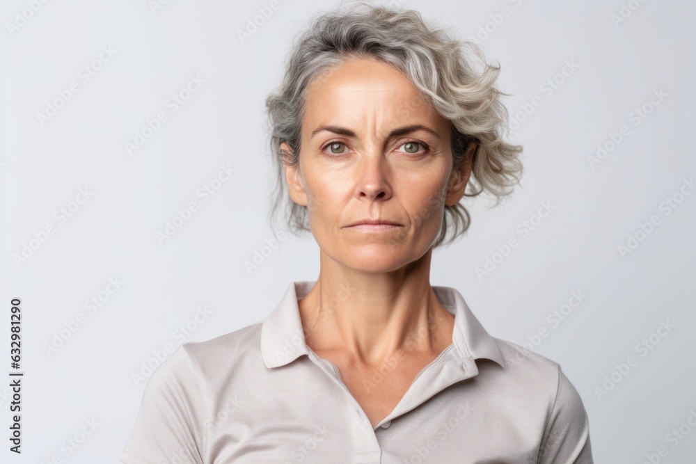 Lifestyle portrait photography of a woman in her 40s visibly in discomfort and fatigue from an autoimmune disease like lupus wearing a sporty polo shirt against a white background Lifestyle portrait photography of a woman in her 40s visibly in discomfort and fatigue from an autoimmune disease like lupus wearing a sporty polo shirt against a white background