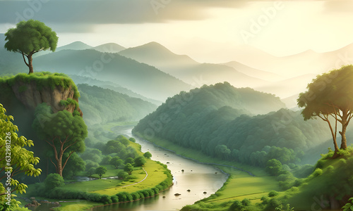 River in a scenic valley. Beautiful Lake in the Middle of Natural Scenery tropical forest. Rocky Rivers in the middle of beautiful hill with trees and lush grass. Spring landscape with rain forest.