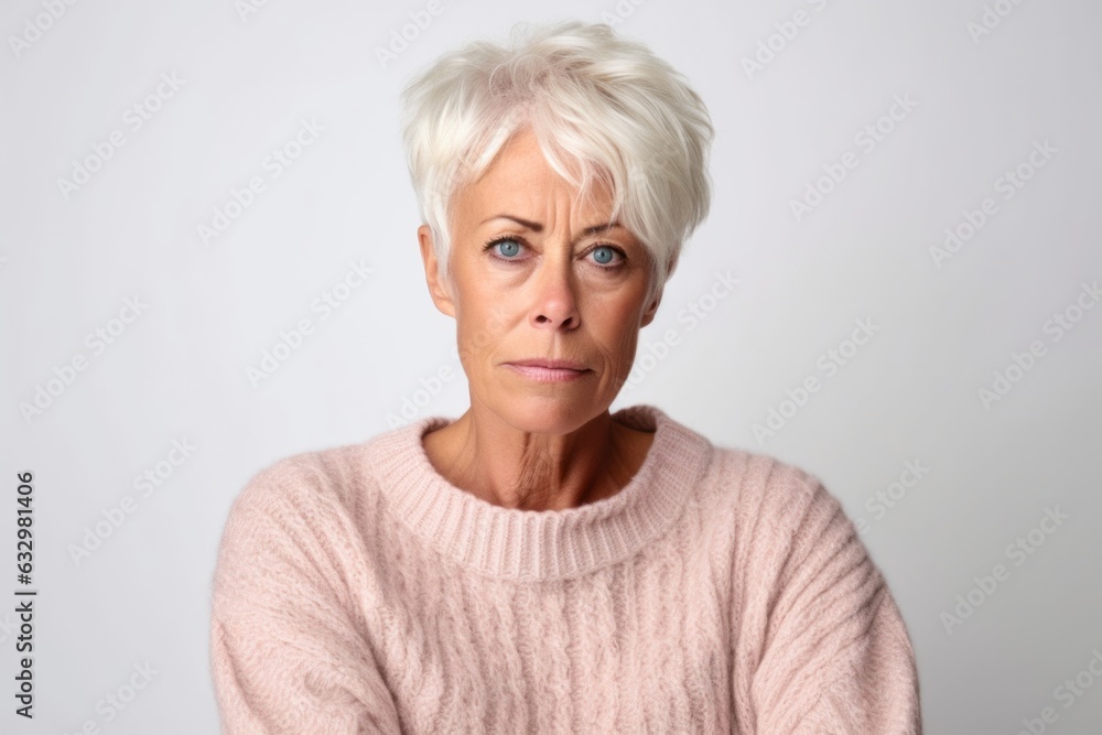 Medium shot portrait photography of a woman in her 50s visibly in discomfort and fatigue from an autoimmune disease like lupus wearing a cozy sweater against a white background Medium shot portrait photography of a woman in her 50s visibly in discomfort and fatigue from an autoimmune disease like lupus wearing a cozy sweater against a white background