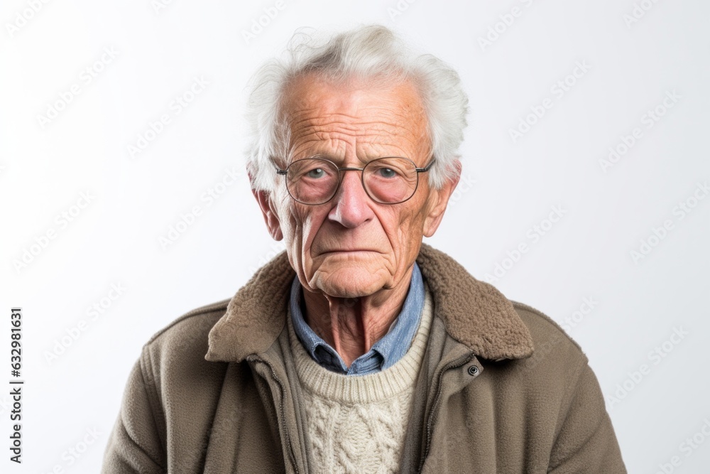 Group portrait photography of a man in his 70s visibly in discomfort and fatigue from an autoimmune disease like lupus wearing a chic cardigan against a white background Group portrait photography of a man in his 70s visibly in discomfort and fatigue from an autoimmune disease like lupus wearing a chic cardigan against a white background