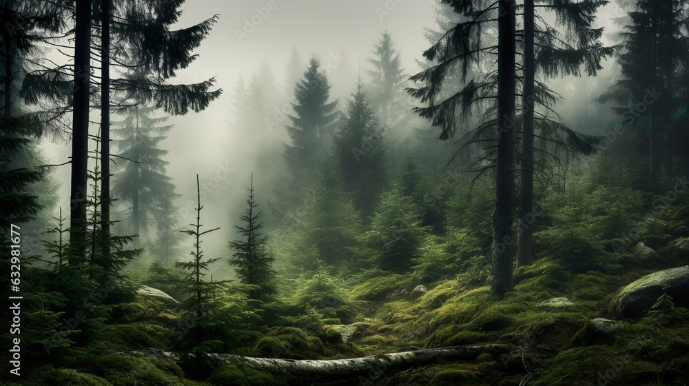 fir forest with fog