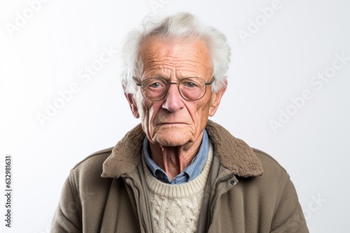 Group portrait photography of a man in his 70s visibly in discomfort and fatigue from an autoimmune disease like lupus wearing a chic cardigan against a white background  © Leon Waltz
