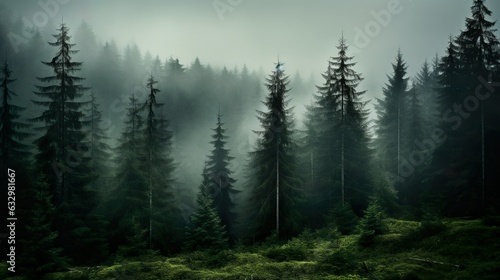 coniferous forest with fog