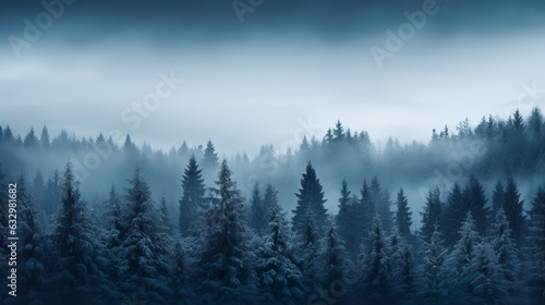 fir forest with a white fog