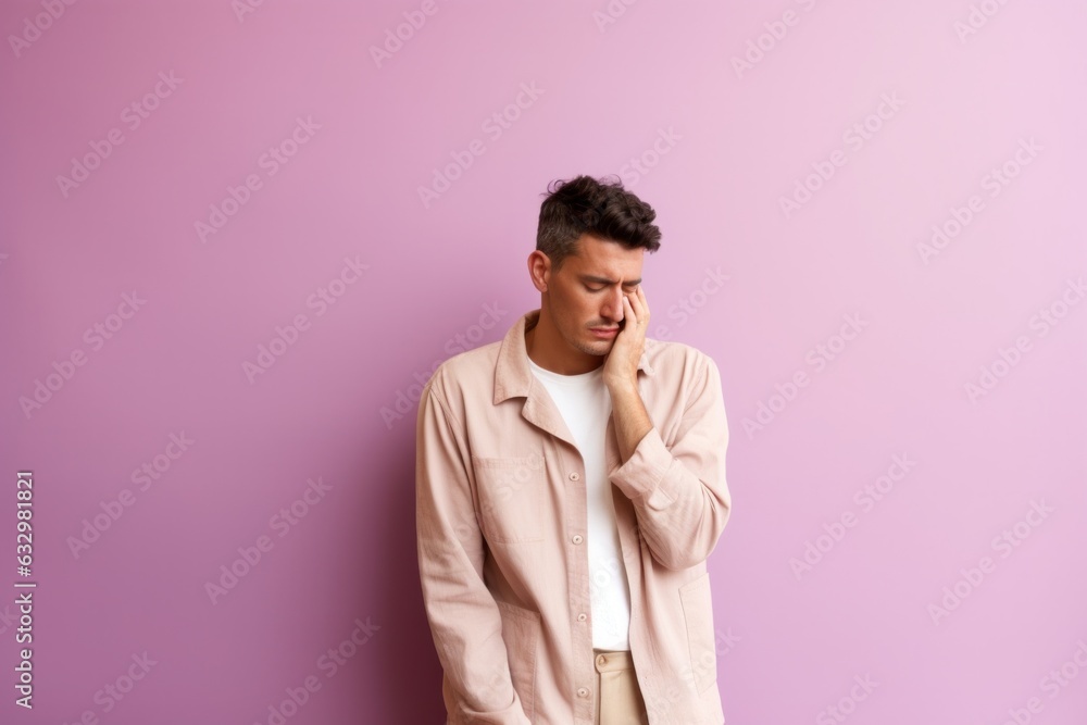Group portrait photography of a man in his 20s visibly in discomfort and fatigue from an autoimmune disease like lupus wearing a trendy jumpsuit against a pastel or soft colors background Group portrait photography of a man in his 20s visibly in discomfort and fatigue from an autoimmune disease like lupus wearing a trendy jumpsuit against a pastel or soft colors background