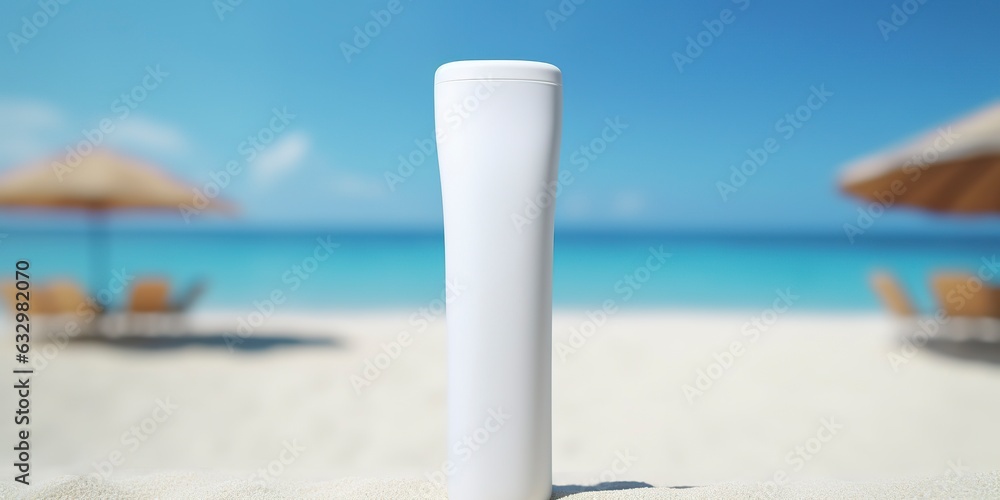 Blank empty white plastic tube. Sunscreen lotion on a sandy beach, summer composition with sunglasses, blue sea as background, copy space. Summer vacation and skin care concept, Blank empty white plastic tube. Sunscreen lotion on a sandy beach, summer composition with sunglasses, blue sea as background, copy space. Summer vacation and skin care concept,