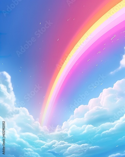 Stunning blue sky panoramic rainbow  big fluffy clouds with a giant arcing rainbow against a beautiful summertime blue sky with copy space for messages. 