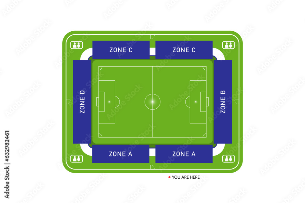 Top view, Map seat zone of football field on isolated background, Vector illustration. Top view, Map seat zone of football field on isolated background, Vector illustration.