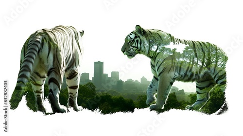 Double expose silhouette of a tiger standing, in the style of photocollage, eco, architecture © MstAsma