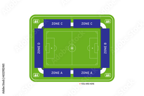Top view, Map seat zone of football field on isolated background, Vector illustration.