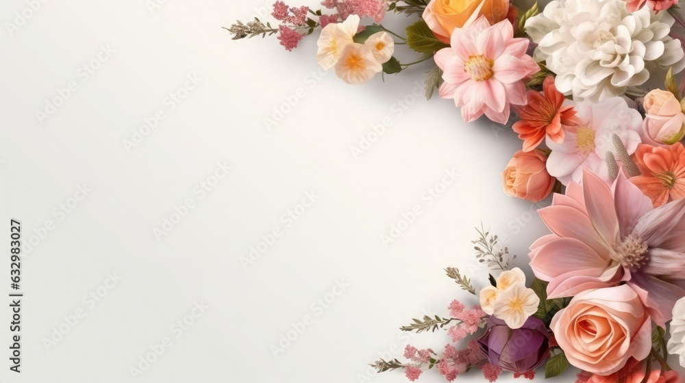 pink and white flowers photo frame with space in white background