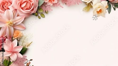 pink and white flowers photo frame with space in white background