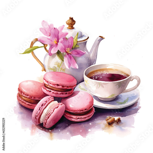  Tea with macarons watercolor hand painted ilustration.