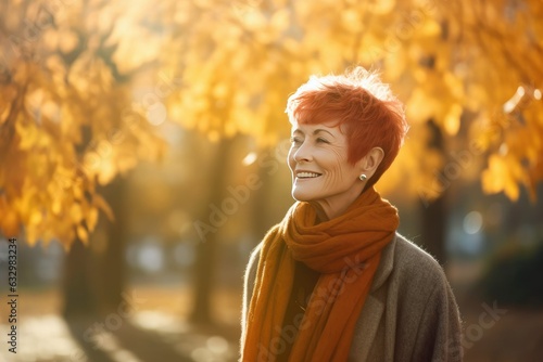 Senior people Autumn Safety and Wellness for Older Adults. Elderly Adults Safe During Autumn. Senior people mental health in fall season. Happy Senior woman on Autumn nature background. © irissca