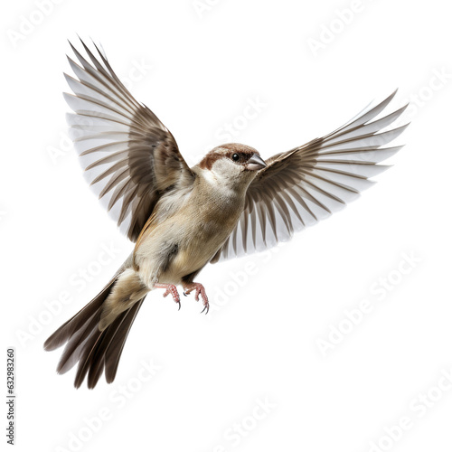 a House Sparrow in-flight in a Nature-themed, photorealistic illustration in a PNG format, cutout, and isolated. Generative AI