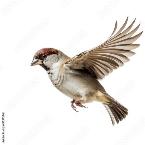 a House Sparrow in-flight in a Nature-themed, photorealistic illustration in a PNG format, cutout, and isolated. Generative AI © Purple Penguin GFX