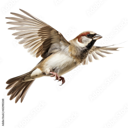 a House Sparrow in-flight in a Nature-themed, photorealistic illustration in a PNG format, cutout, and isolated. Generative AI