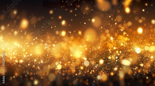 Abstract luxury gold background with gold particles. glitter vintage lights background. Christmas Golden light shine particles bokeh on dark background. Gold foil texture. Holiday. 
