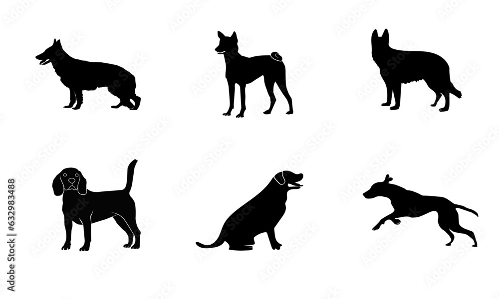 different poses of dog silhouettes and dog images with black fill